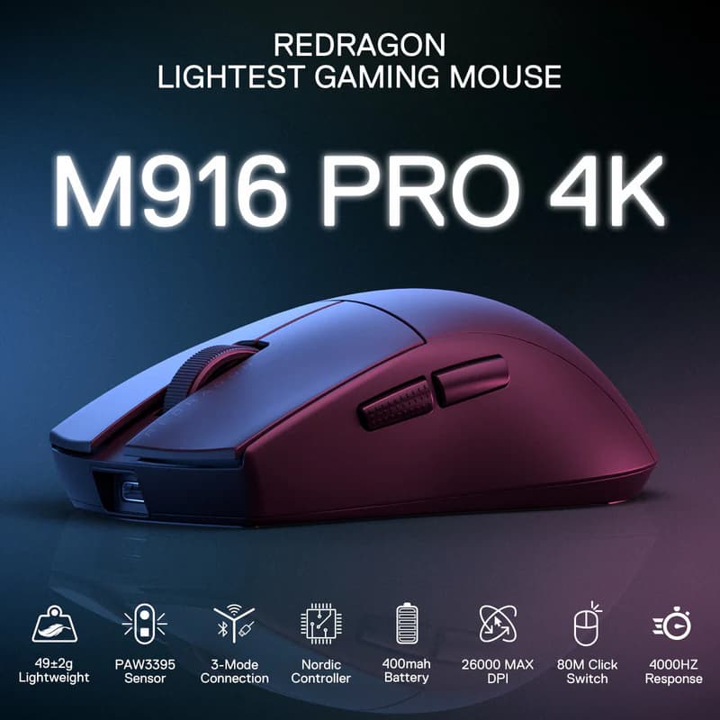 MOUSE REDRAGON M916 KING PRO 4K BLACK WIRE + WIRELESS + BLUETOOTH 2
