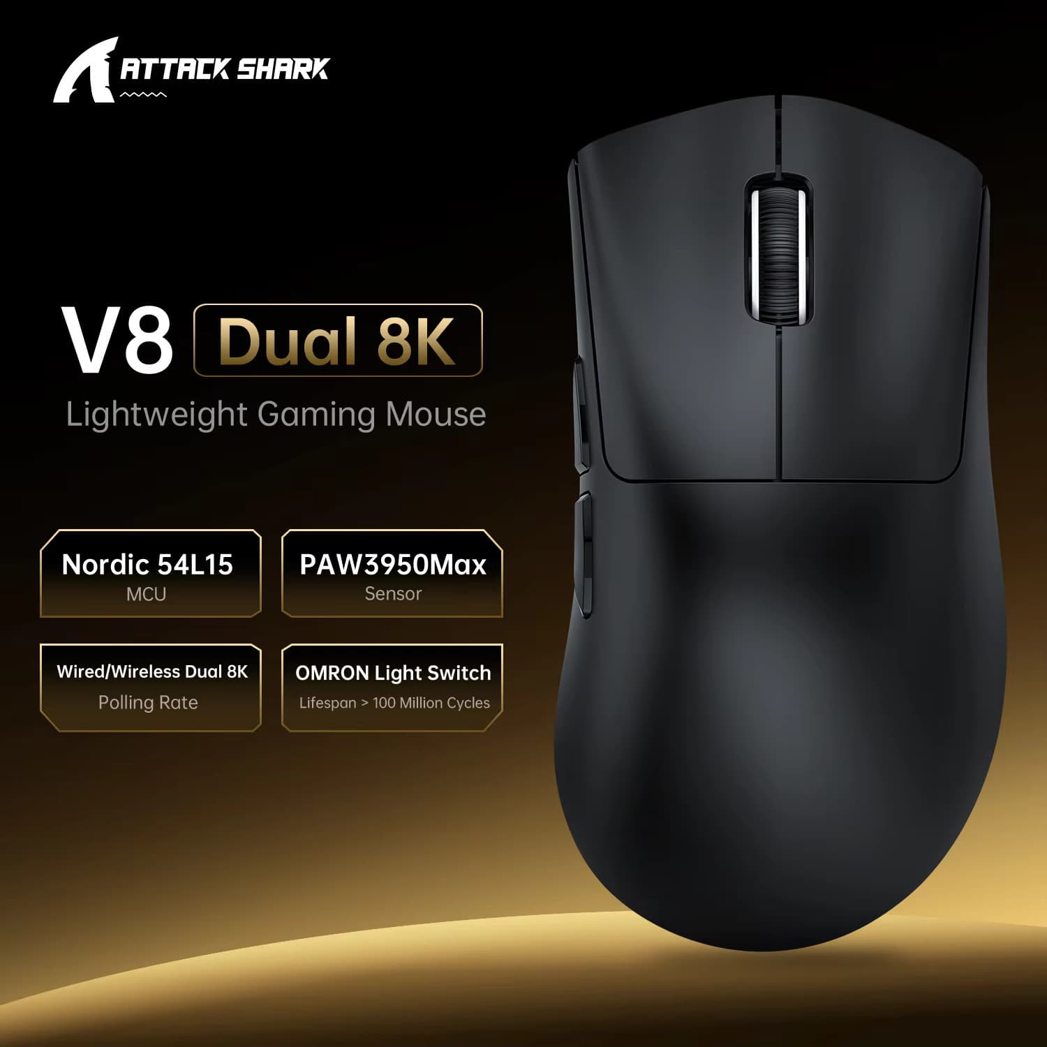 MOUSE ATTACK SHARK V8 BLACK 8K WIRE + WIRELESS + BLUETOOTH