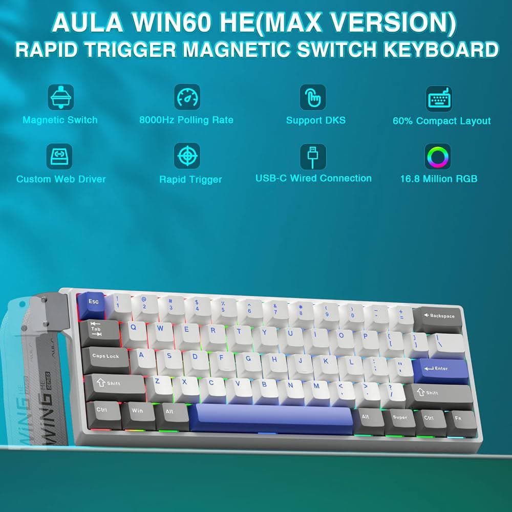 KEYBOARD AULA WIN60 HE MAX ( GREY + WHITE + BLUE ) WIRED MAGNETIC 60% 8K POLLING RATE RAPID TRIGGER HOT  SWAPPABLE HALL EFFECT SWITCHES