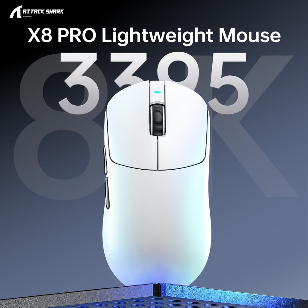 MOUSE ATTACK SHARK X8 PRO 8K WHITE WIRE + WIRELESS + BLUETOOTH