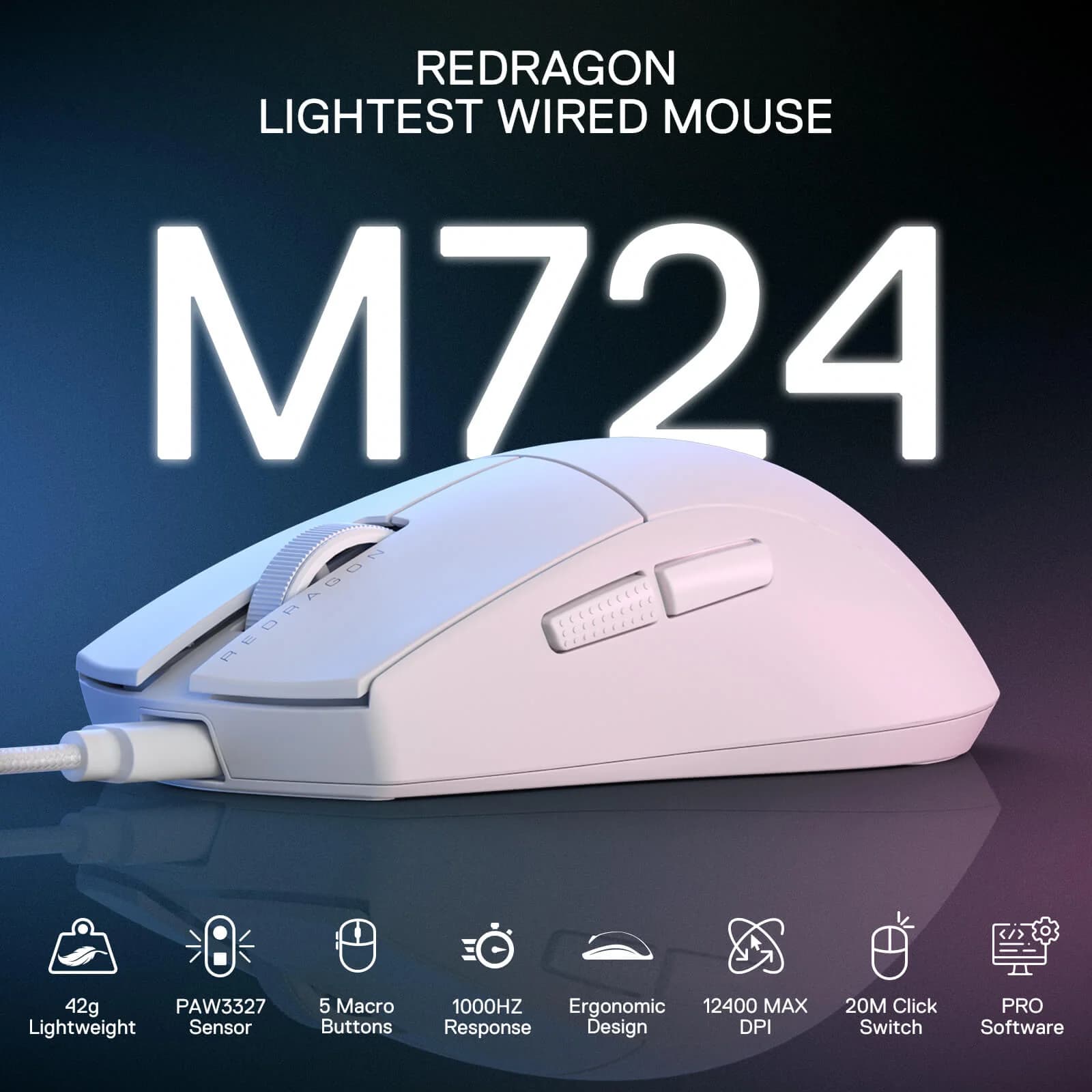 MOUSE REDRAGON M724W KING 1K WHITE WIRED 4