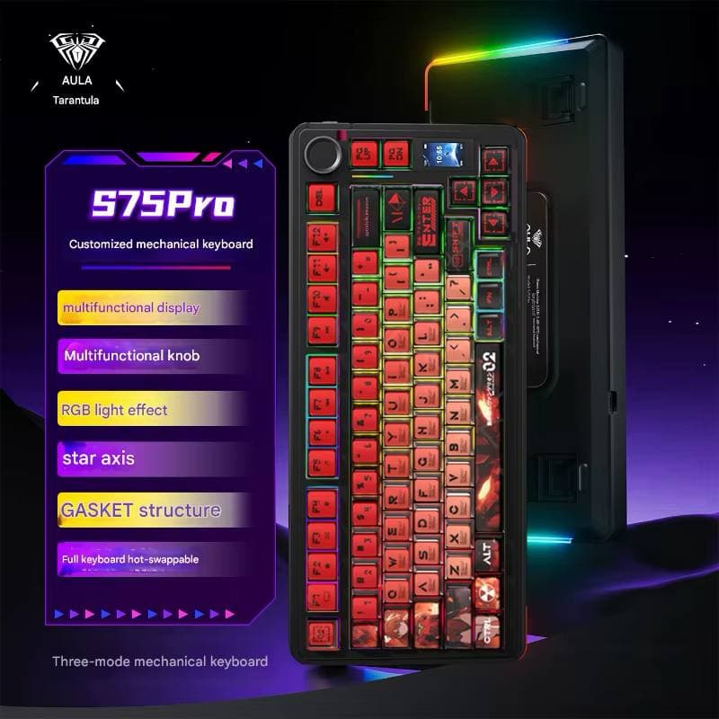 KEYBOARD AULA S75 PRO TRI-MODE ( WIRE + WIRELESS + BLUETOOTH ) 75% GASKET STRUCTURE TFT/LCD SCREEN WITH ROTARY KNOB PCB HOT SWAPPABLE SWITCHES 2