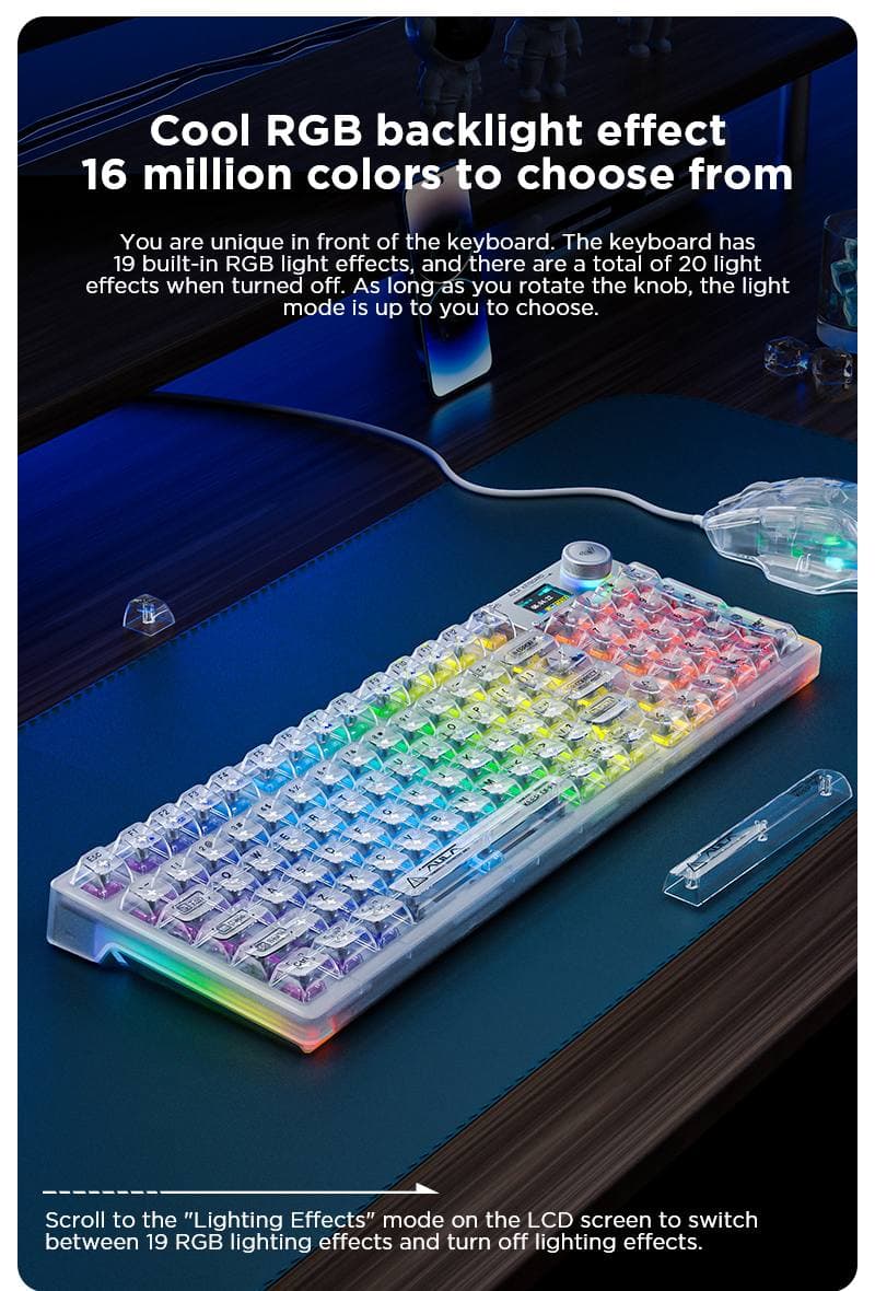 KEYBOARD AULA F98 PRO V3 WHITE EDITION RGB MECHANICAL LINEAR SWITCHES TRI-MODE ( WIRE + WIRELESS + BLUETOOTH ) TRANSPARENT HOT SWAPPABLE PCB SWITCHES WITH 1.14" TFT SCREEN + CONTROL NOB