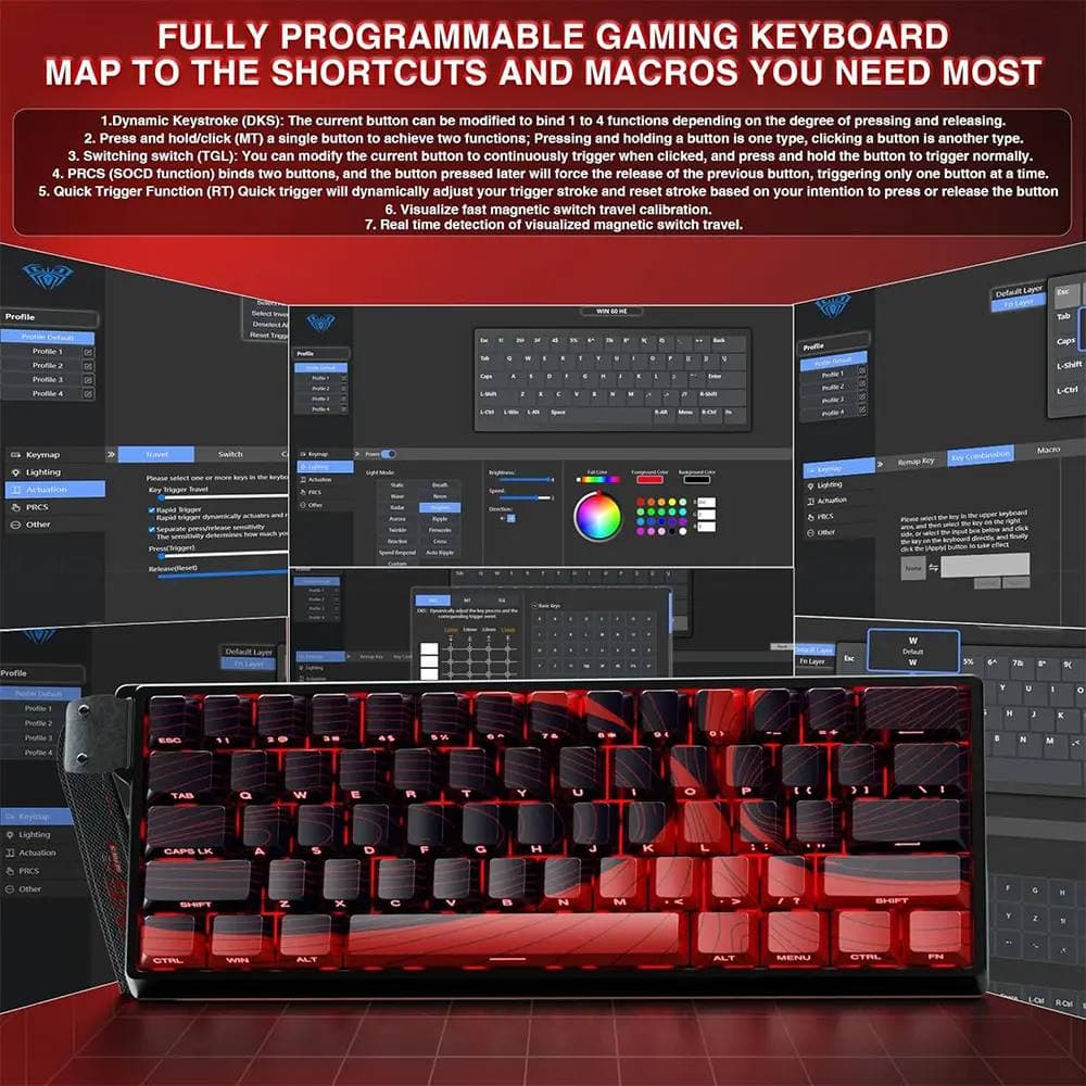 KEYBOARD AULA WIN60 HE MAX ( BLACK + RED ) WIRED MAGNETIC 60% 8K POLLING RATE RAPID TRIGGER HOT  SWAPPABLE HALL EFFECT SWITCHES 3