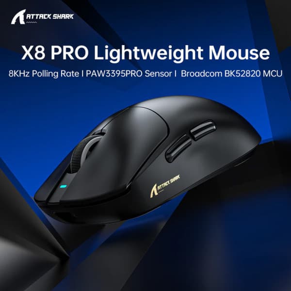 MOUSE ATTACK SHARK X8 PRO 8K BLACK WIRE + WIRELESS + BLUETOOTH 3
