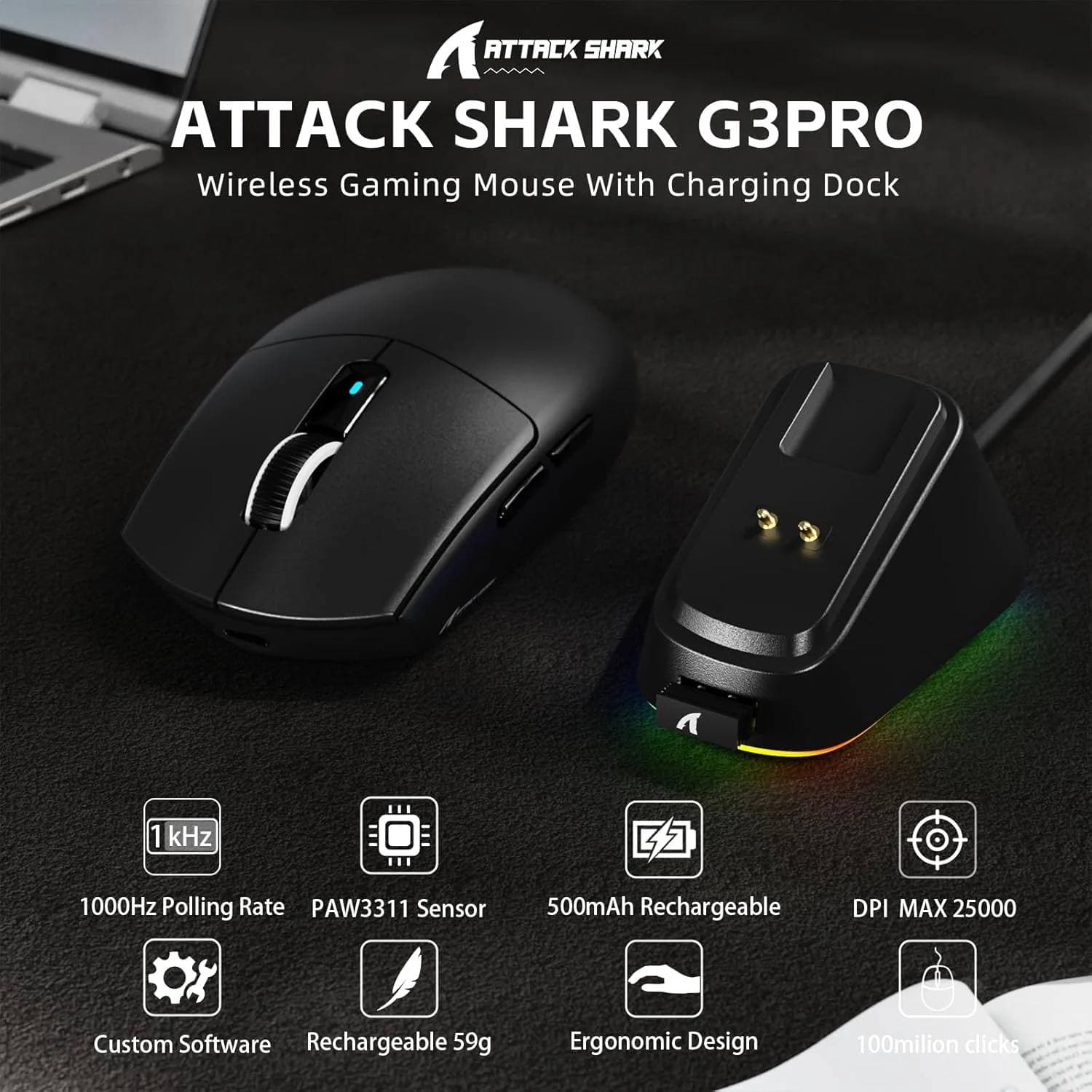 MOUSE ATTACK SHARK G3 PRO 1K TRI-MODE BLACK WIRE + WIRELESS + BLUETOOTH