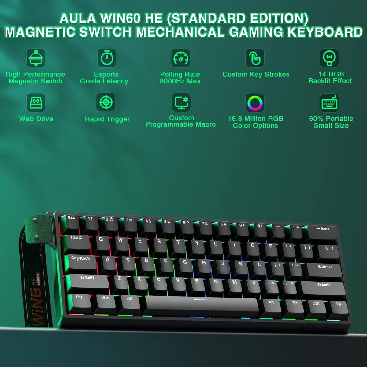 KEYBOARD AULA WIN60 HE STANDARD EDITION BLACK WIRED MAGNETIC 60% 8K POLLING RATE RAPID TRIGGER HOT  SWAPPABLE HALL EFFECT SWITCHES 3