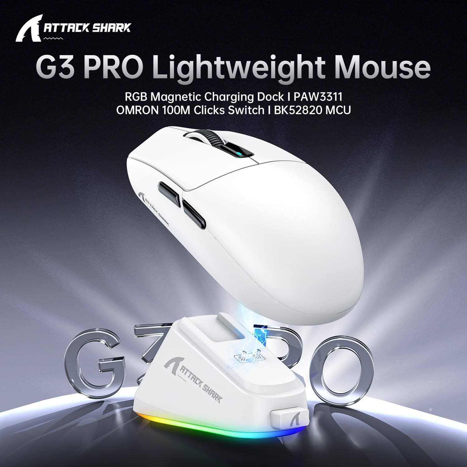 MOUSE ATTACK SHARK G3 PRO 1K TRI-MODE WHITE WIRE + WIRELESS + BLUETOOTH