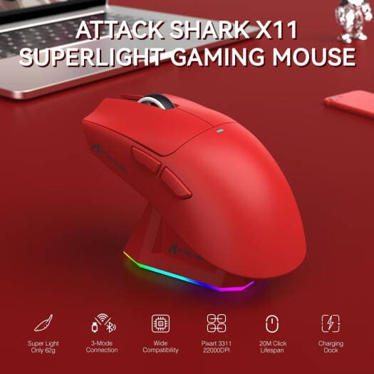 MOUSE ATTACK SHARK X11 RED WIRE + WIRELESS + BLUETOOTH