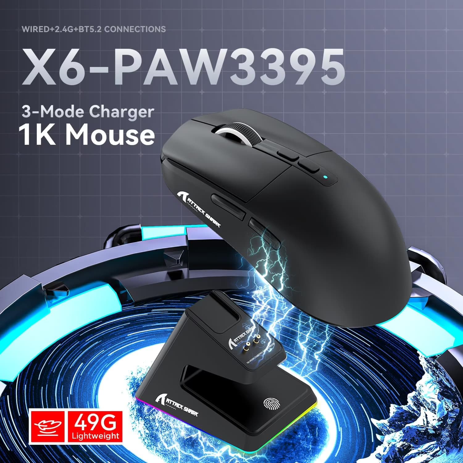 MOUSE ATTACK SHARK X6 BLACK WIRE + WIRELESS + BLUETOOTH