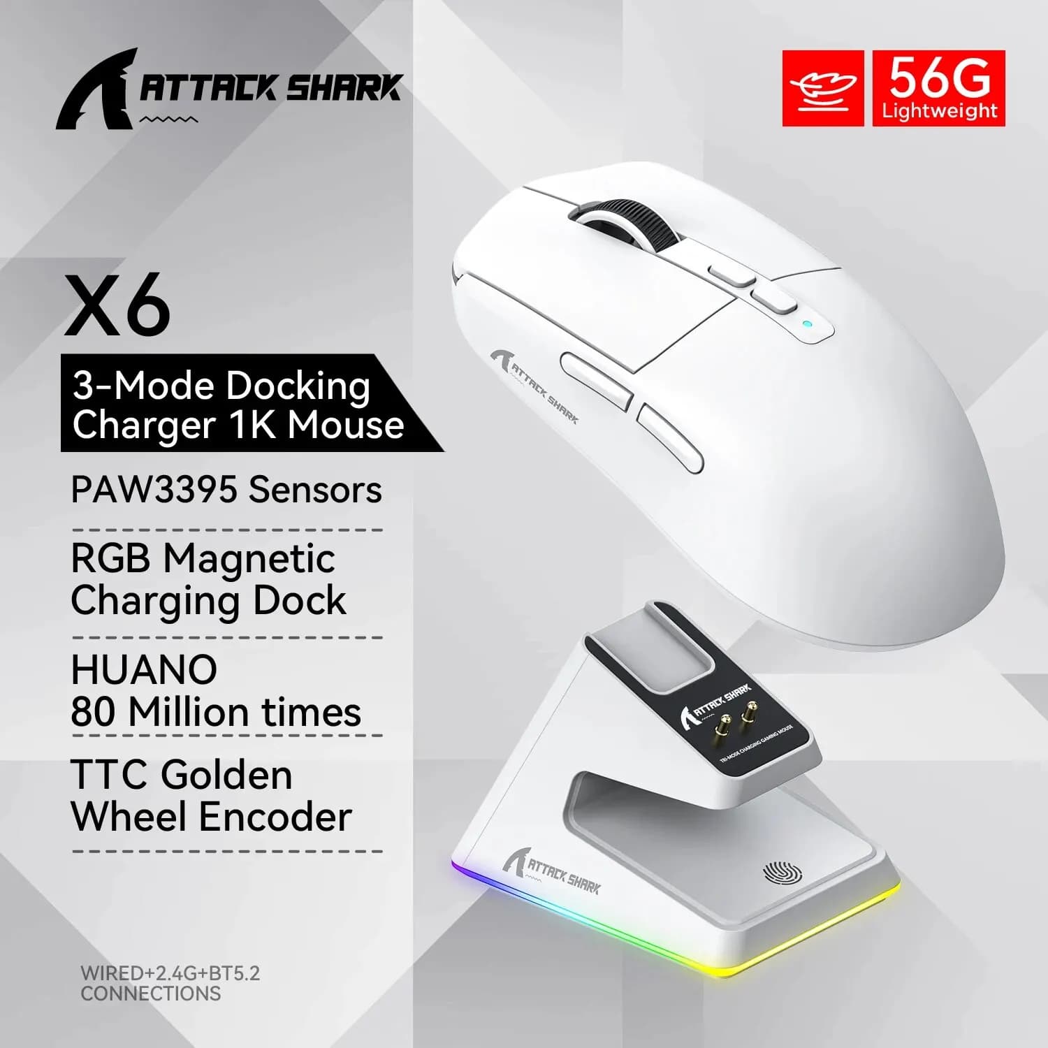 MOUSE ATTACK SHARK X6 WHITE WIRE + WIRELESS + BLUETOOTH