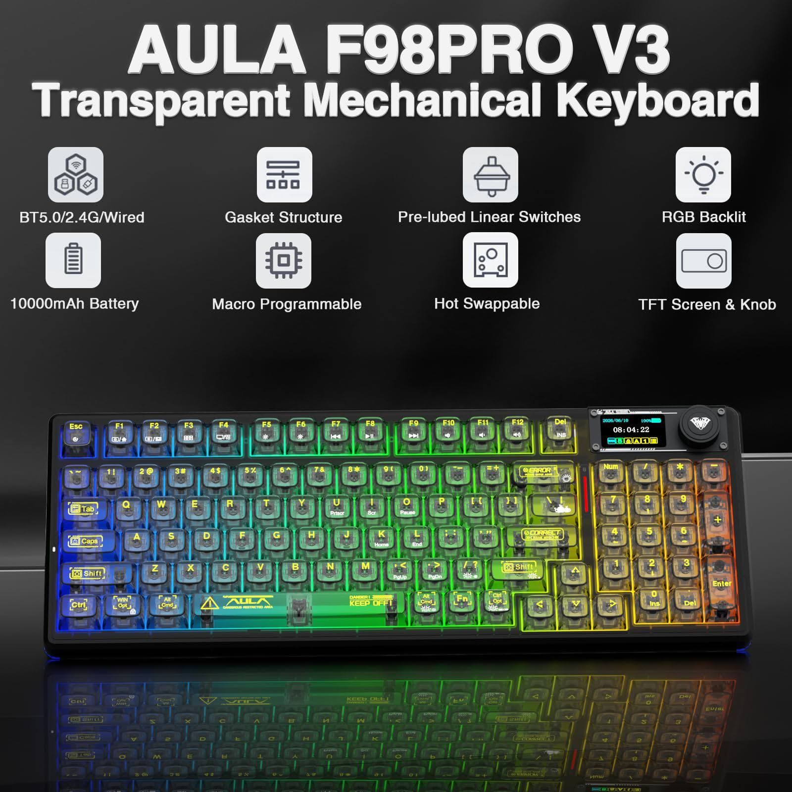 KEYBOARD AULA F98 PRO V3 RGB BLACK EDITION MECHANICAL LINEAR SWITCHES TRI-MODE ( WIRE + WIRELESS + BLUETOOTH ) TRANSPARENT HOT SWAPPABLE PCB SWITCHES WITH 1.14" TFT SCREEN + CONTROL NOB