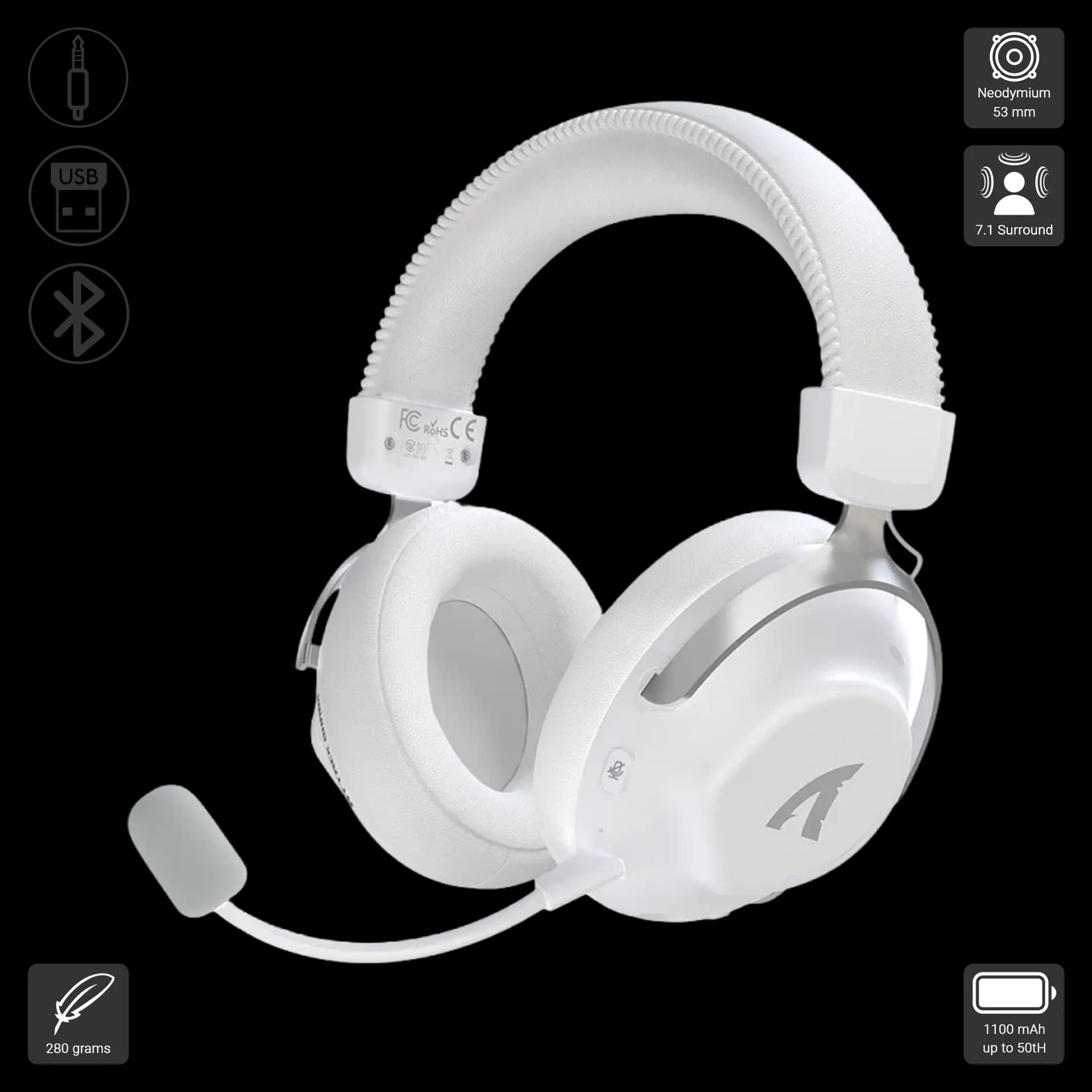 HEADSET ATTACK SHARK L50 WHITE WIRE + WIRELESS + BLUETOOTH