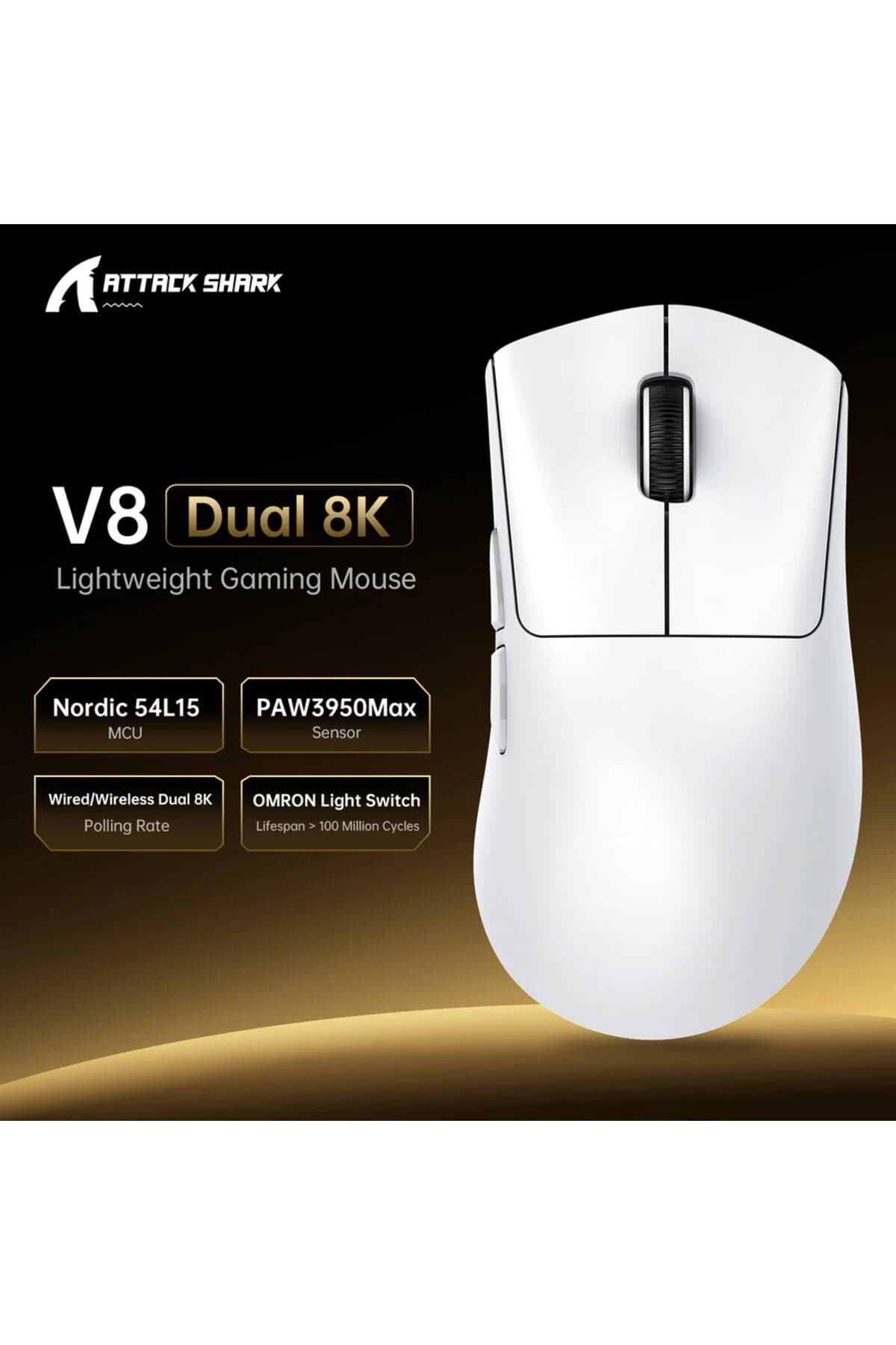 MOUSE ATTACK SHARK V8 WHITE 8K WIRE + WIRELESS + BLUETOOTH
